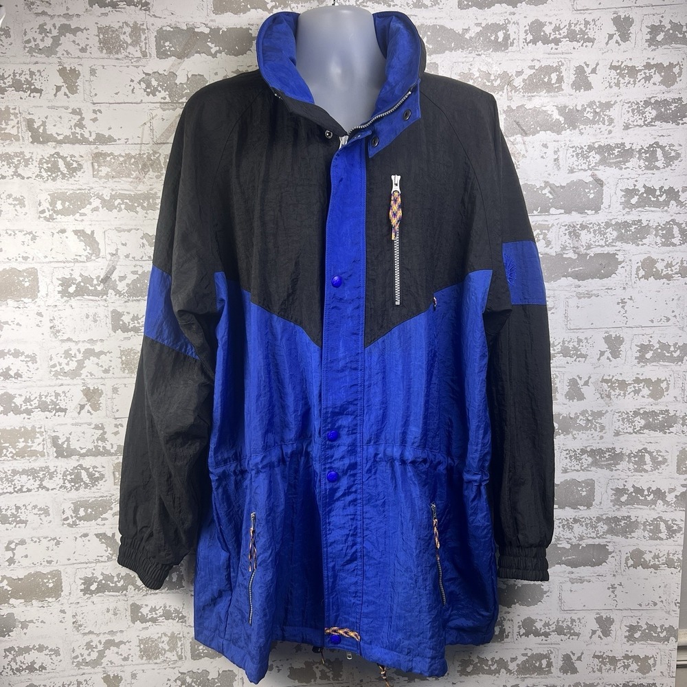 Vtg 90's Helly Hansen Sailing Jacket XL Windbreaker Blue Black Neon Cords Hood
